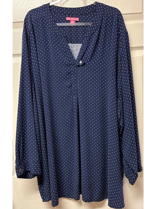 Woman Within Tops - Women's Woman Within Navy Polka Dot 3/4 Sleeve Blouse 5X Rayon Split Neck